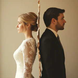 couple facing back to back in wedding attire.