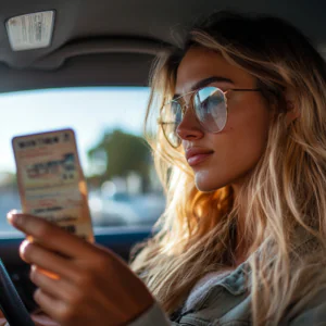 a_women_looking_at_her_new_drivers_license_in_california