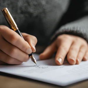 person signing a page