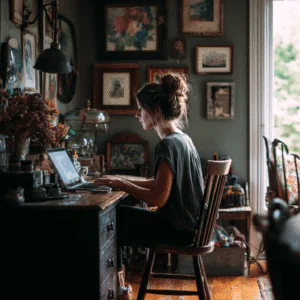 a_women_working_on_her_laptop_at_her_home
